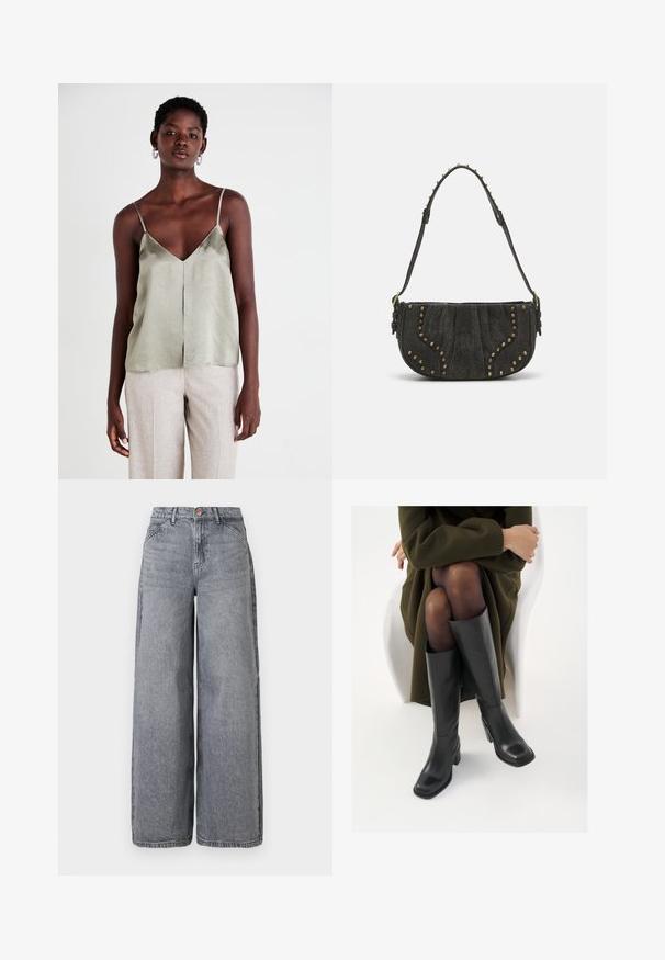 Light green satin camisole with thin straps, a V-neckline, and a straight hem. Paired with light beige trousers for contrast.; Wide-leg denim jeans in a faded gray wash, featuring five pockets, a button closure, and a soft texture with subtle whiskering details.; Knee-high black leather boots with a squared toe and block heel, shown with a model seated in an olive green coat. Smooth texture, minimal detailing.; Black suede handbag with a curved design, featuring rivet accents and a textured surface. Adjustable strap with stud details along the edge.