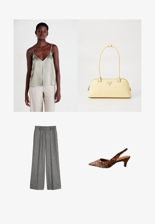 Top in satin verde chiaro con spalline sottili, scollatura a V e orlo dritto. Abbinato a pantaloni beige chiaro per un contrasto.; Pantaloni larghi in lana grigia con passanti per cintura e pinces frontali, progettati per un fit rilassato e sartoriale.; Tacchi slingback con stampa leopardata, punta affusolata, tacco basso e texture liscia. Presentano un design con ritagli sui lati e sul retro.; Borsa a mano in pelle verniciata gialla con forma arrotondata, manico singolo superiore e una placca logo argentata. Presenta una chiusura con zip e una texture liscia.
