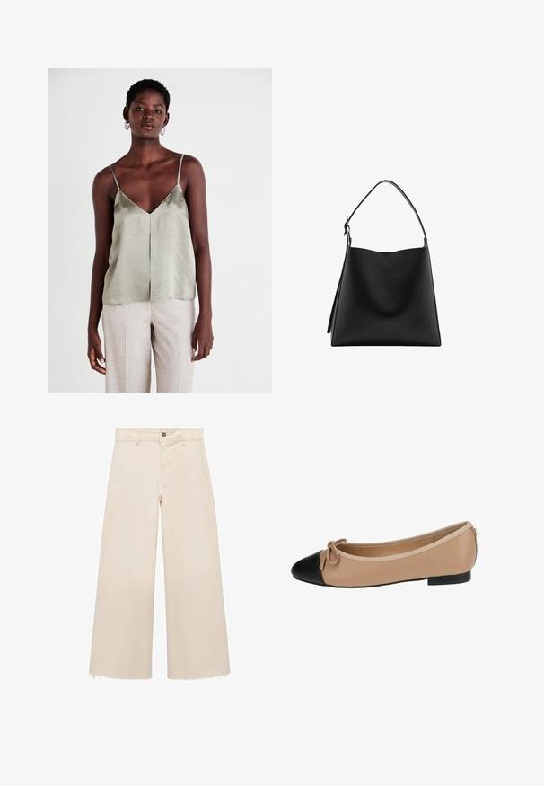 Svetlozeleni satenski top s tankimi naramnicami, z V-izrezom in ravnim robom. Ujemite ga s svetlo bež hlačami za kontrast.; Široke hlače iz svetlo bež bombaža, z gumbom za zapiranje, diskretnim razfrkanim robom in sproščenim krojem.; Balerinka iz bež usnja z črnim kapicom. Ima podrobnost z lokom spredaj in gladko teksturo. Nizka oblika z gumijastim podplatom.; Črna usnjena torbica z gladko teksturo, minimalističnim oblikovanjem in enim, ukrivljenim naramnim trakom. Odprta zgornja stran, brez vidne opreme.