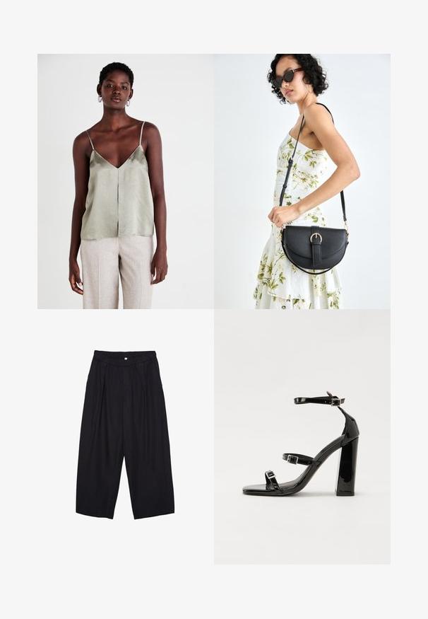 Hellgrüne Satin-Camisole mit dünnen Trägern, V-Ausschnitt und geradem Saum. Kombiniert mit hellbeigen Hosen für einen Kontrast.; Schwarze Polyester-Culotte mit einem elastischen Bund, zwei vorderen Falten und einer lockeren Silhouette. Keine sichtbaren Muster oder Hardware-Details.; Schwarze Lackleder-Sandalen mit hohen Absätzen, zwei Riemen mit Schnallen, quadratischer Zehenpartie und klobigem Blockabsatz, mit einer glatten, glänzenden Textur.; Schwarze Lederhandtasche mit geschwungener Form, abnehmbarem Tragegurt und goldenen Beschlägen. Die Tasche verfügt über einen Deckel mit einer Schnallen-Details.