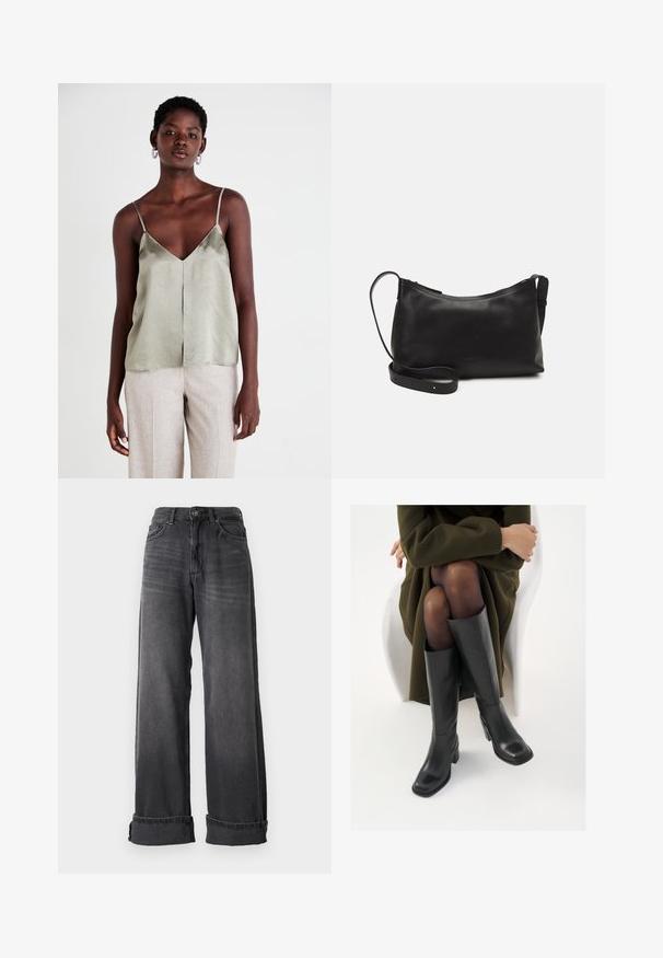 Gaiši zaļa satīna kamzolīte ar plānām siksniņām, V veida kakla izgriezumu un taisnu apakšmalu. Apvienota ar gaiši bēšām biksēm kontrastam.; Platas kājas džinsi tumši pelēkā denma, ar augstu jostu, piecām kabatām un apveltajām piedurknēm, lai pievienotu detaļas. Gluda tekstūra ar smalkiem izbalējumiem.; Ceļgalu augstuma melni ādas zābaki ar kvadrātu purngalu un bloku papēdi, attēloti modelī, kurš sēž olīvu zaļā mētelī. Gluda tekstūra, minimāla apdare.; Melna ādas plecu soma ar gludu tekstūru, izliekta forma, regulējama siksna un rāvējslēdzēja aizdare. Minimālistisks dizains bez rotājumiem.; Sudraba riņķveida auss gredzeni ar gludu, pulētu apdari. Apaļa forma un drošs klikšķa augšējais slēgums. Viegls dizains, kas piemērots ikdienas valkāšanai.