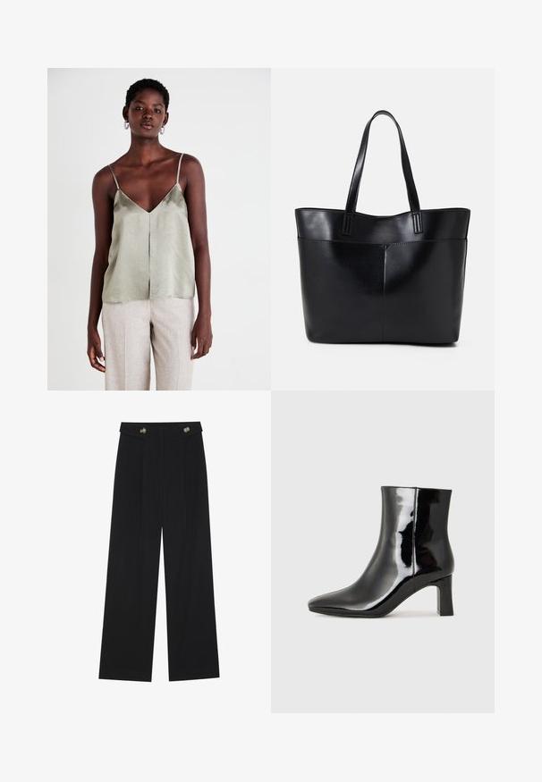 Svetle zelená saténová tílko s tenkými ramínky, ve tvaru V a přímým spodním lemem. Kombinováno se světle béžovými kalhotami pro kontrast.; Černé široké kalhoty s vysokým pasem, detailní knoflíky na pase a přední záhyby.; Černé lakované kotníkové boty s špičatou špičkou a středně vysokým blokovým podpatkem. Hladká textura a minimalistický design.; Černá kožená taška s dlouhými ušima, hladkým povrchem a strukturovaným tvarem. Obsahuje přední kapsu pro další úložný prostor.