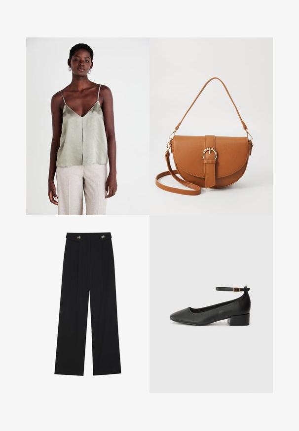 Light green satin camisole with thin straps, a V-neckline, and a straight hem. Paired with light beige trousers for contrast.; Black wide-leg trousers with high waist, button details on waistband, and front pleats.; Black leather pump with a pointed toe and a low block heel. Features an ankle strap with a gold-tone buckle. Smooth texture.; Brown leather crossbody bag with a curved shape, gold hardware, and a buckle accent. Features a detachable shoulder strap.