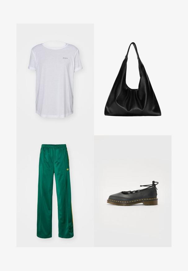 Roxy - T-shirt basic; Zielone satynowe spodnie sportowe o luźnym kroju, z żółtymi paskami i haftowanym logo po lewej stronie. Elastyczna talia.; Czarny skórzany but z zaokrąglonym noskiem, niskim obcasem, z detalami sznurowania i żółtym przeszyciem wzdłuż podeszwy. Gładka tekstura o matowym wykończeniu.; Czarna skórzana torba hobo o miękkim, zaokrąglonym kształcie. Ma szeroki uchwyt na górze i zgromadzenia u podstawy, co nadaje jej luźny wygląd.