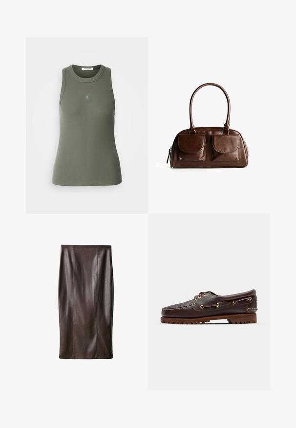 Pruhovaný bezrukávový top olivovej farby s okrúhlym výstrihom. Na prednej strane sa nachádza malé modré logo "&". Mäkká, elastická látka.; Hnedá kožená sukňa na ceruzku s hladkou textúrou, po kolená, s vertikálnymi švami pre dizajn. Bez ďalších kovových prvkov alebo akcentov.; Hnedé kožené loďkové topánky so zlatými očkami, okrúhlymi šnúrkami a štruktúrovanou hnedou gumovou podrážkou. Obsahuje prešívané detaily a vyvýšené logo.; Hnedá kožená kabelka s dvoma prednými vreckami na klopu, zaoblenými rúčkami a zipsom na boku na bielom pozadí.