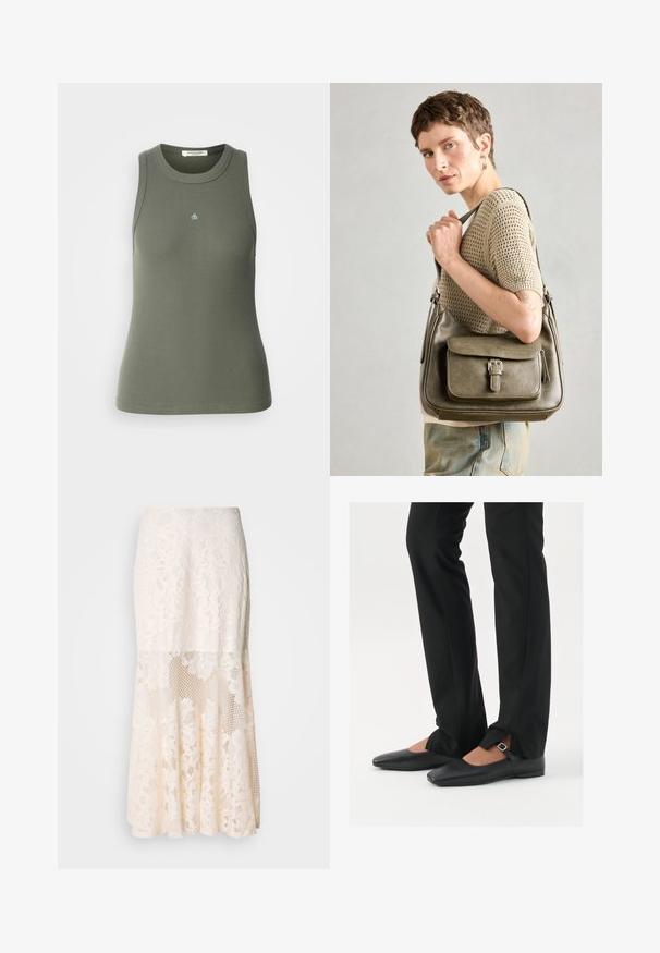 Top sin mangas de canalé en verde oliva con cuello redondo. Presenta un pequeño logo azul de "&" en la parte delantera. Tejido suave y elástico.; Falda midi de encaje floral en crema; cuenta con un diseño en capas con secciones transparentes, encaje texturizado y un dobladillo acampanado.; Bailarinas de cuero negro con punta afilada, correa con hebilla de plata, combinadas con pantalones negros ajustados que presentan un dobladillo con abertura.; Bolso de piel en color verde oliva con tapa frontal, correa ajustable y detalles de hardware en plata, exhibido en un modelo que lleva un top de punto.; Pendiente de aro de plata con un acabado pulido, que presenta pequeños detalles en dorado y una forma redonda, llevado en el lóbulo.
