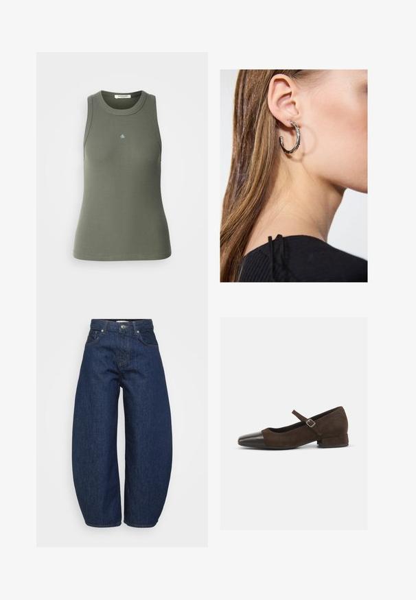 Ribbed, sleeveless tank top in olive green with a round neckline. Features small blue "&" logo on the front. Soft, stretchy fabric.; High-waist dark blue denim jeans with wide legs, front button and zipper closure, and classic five-pocket design.; Brown suede Mary Jane shoe with a black patent leather toe cap, adjustable strap, and a low block heel. Smooth texture with minimal accents.; Silver hoop earring with a polished finish, featuring small gold accent details and a round shape, worn on the lobe.