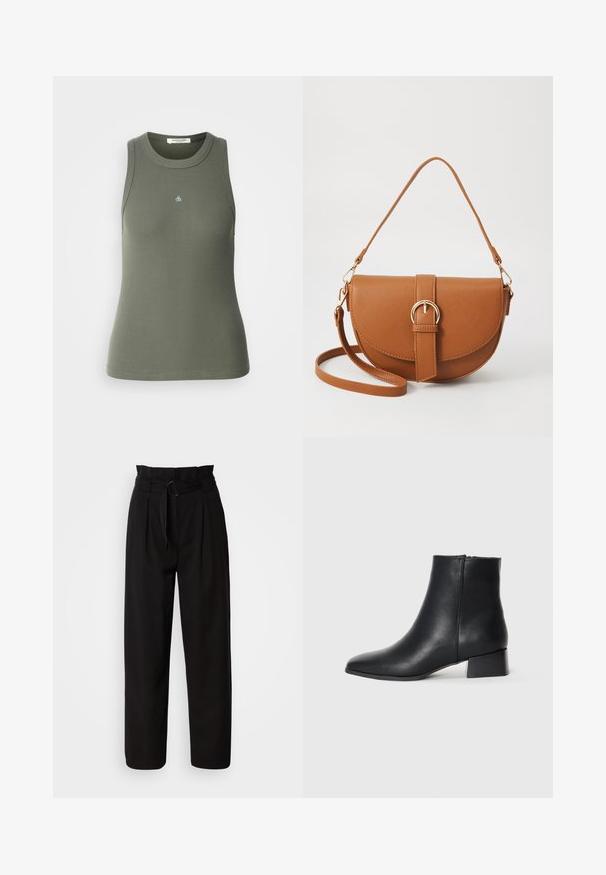 Ribota, bez piedurknēm, tanka olīvzaļā krāsā ar apaļu kakla izgriezumu. Priekšpusē ir neliels zils "&" logos. Mīksta, elastīga auduma.; Melni augstie bikses ar platu kāju, nodrošināti ar priekšējiem krokām un auduma jostu ar apļu sprādzi. Gluda tekstūra un pielāgota piegrieztne.; Melnas ādas potīšu zābaki ar norādītu pirkstu un zemu blokveida papēdi, ar gludu tekstūru un minimālistisku dizainu.; Brūns ādas plecu soma ar izliekta formu, zelta piederumiem un sprādzes akcentu. Iesaiņota ar noņemamu plecu siksnu.