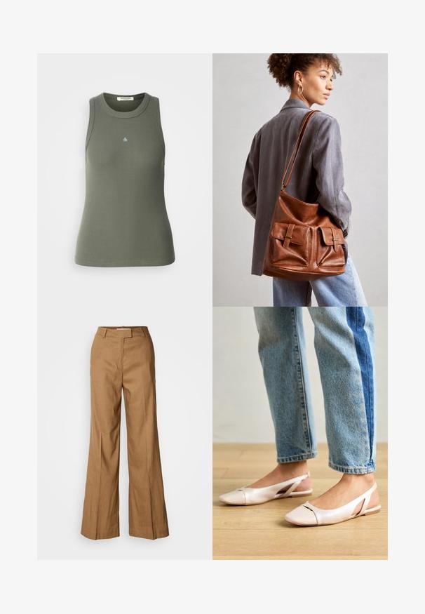 Rippenshirt ohne Ärmel in Olivgrün mit rundem Ausschnitt. Auf der Vorderseite befindet sich ein kleines blaues "&"-Logo. Weicher, dehnbarer Stoff.; Braune weite Hosen aus leichtem Stoff. Verfügt über einen flachen Bund, Gürtelschlaufen und eine taillierte Silhouette mit einem knöchellangen Schnitt.; Blassrosa Slingback-Ballerinas mit spitzem Punkt, aus einem glatten, lederähnlichen Material. Mit Ausschnitten an den Seiten und einem flachen Absatz.; Braune Leder-Eimerhandtasche mit zwei vorderen Taschen und Schnallenakzenten. Die Tasche hat eine glatte Textur und einen verstellbaren Tragegurt.