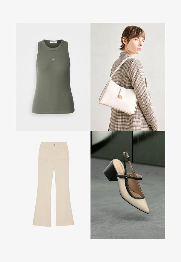 Ribota, bez piedurknēm, tanka olīvzaļā krāsā ar apaļu kakla izgriezumu. Priekšpusē ir neliels zils "&" logos. Mīksta, elastīga auduma.; Bēšas platākā stila bikses ar augstu jostasvietu, izgatavotas no kokvilnas auduma. Iekļautas priekšējās un aizmugurējās kabatas, jostas cilpas un viena sudraba pogas.; Beige smailā purngalā siksnu kurpe ar melnu akcentu, zelta sprādzi un masīvu bloku papēdi uz pelēka grīdas ar tumši zaļu fonu.; Balta ādas rokassoma ar strukturētu dizainu, kurai ir magnētiska aizdare un plecu josta, parādīta uz neitrāla fona.