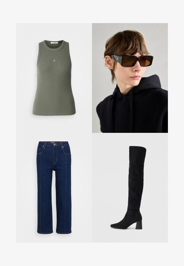 Canottiera a righe senza maniche in verde oliva con scollo rotondo. Presenta un piccolo logo blu "&" sulla parte anteriore. Tessuto morbido ed elastico.; Jeans dritti blu scuro con chiusura a bottoni, tasche anteriori e posteriori e cuciture arancioni visibili lungo le cuciture.; Stivale in suede nero alto fino al ginocchio con tacco a blocco, punta affusolata e design liscio e senza cuciture su uno sfondo chiaro e semplice.; Occhiali da sole neri oversize con finitura lucida, forma rettangolare, lenti marroni e dettagli del logo dorato sulle astine.; Borsa nera con forma strutturata, texture liscia e una chiusura metallica. Abbinata a pantaloni neri larghi e sandali open-toe su un pavimento in legno.