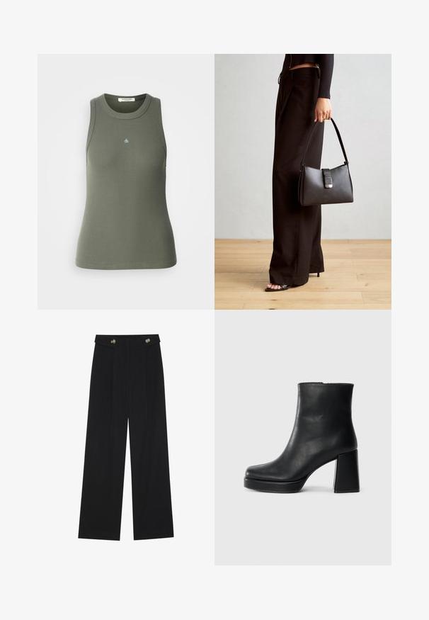 Rebrast, brezrokavni top v olivno zeleni barvi z okroglim izrezom. Na sprednji strani se nahaja majhen modri znak "&". Mehka, raztegljiva tkanina.; Črne široke hlače s visokim pasom, gumbnimi detajli na pasu in sprednjimi gubami.; Črne usnjene gležnjarje z blok peto in platformo, prikazane s strani na enobarvni beli podlagi.; Črna torbica z strukturirano obliko, gladko teksturo in kovinskim zaponko. Ujemajo se z širokimi črnimi hlačami in odprtimi sandali na lesenem tleh.