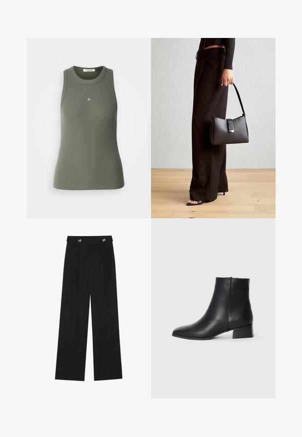 Geribbelde, mouwloze tanktop in olijfgroen met een ronde halslijn. Voorzien van een klein blauw "&" logo op de voorkant. Zachte, rekbare stof.; Zwarte wijde broek met hoge taille, knoopdetails op de tailleband en plooien aan de voorkant.; Zwarte leren enkellaars met een spitse neus en een lage blokhak, met een gladde textuur en minimalistisch ontwerp.; Zwarte handtas met gestructureerde vorm, gladde textuur en een metalen sluiting. Gecombineerd met brede zwarte broeken en sandalen met open teen op een houten vloer.