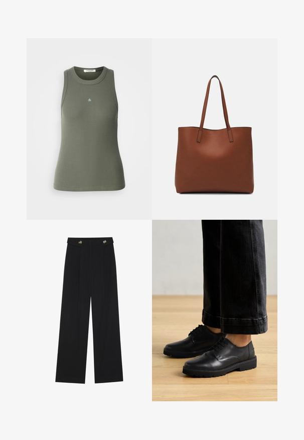 Rippenshirt ohne Ärmel in Olivgrün mit rundem Ausschnitt. Auf der Vorderseite befindet sich ein kleines blaues "&"-Logo. Weicher, dehnbarer Stoff.; Schwarze weite Hosen mit hoher Taille, Knopfdetails am Bund und vorderen Falten.; Schwarze Leder-Schnürschuhe mit glatter Textur, abgerundetem Zeh und dicker Gummisohle, kombiniert mit Cropped-Jeans in Dunkelblau.; Braune Leder-Tote mit glatter Textur, offenem Oberteil und zwei Schulterriemen. Verfügt über minimale Nähte und keine sichtbaren Beschläge.