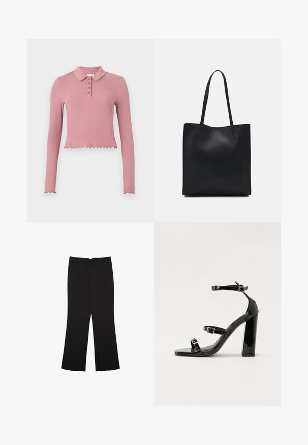 Maglietta polo cropped a maniche lunghe in morbido tessuto a coste di colore rosa pallido. Presenta un colletto e una patta con quattro bottoni e orlo arricciato.; Pantaloni neri a gamba dritta, con tasche frontali e spacchi laterali all'orlo. Realizzati in tessuto morbido e liscio. Adatti a diverse occasioni.; Sandali con tacco in vernice nera, con punta squadrata, cinturini alla caviglia e fibbie in argento. Presentano un tacco a blocco spesso per maggiore stabilità.; Borsa tote in pelle nera con texture liscia, forma rettangolare e due manici lunghi. Nessun hardware o decorazione visibile.