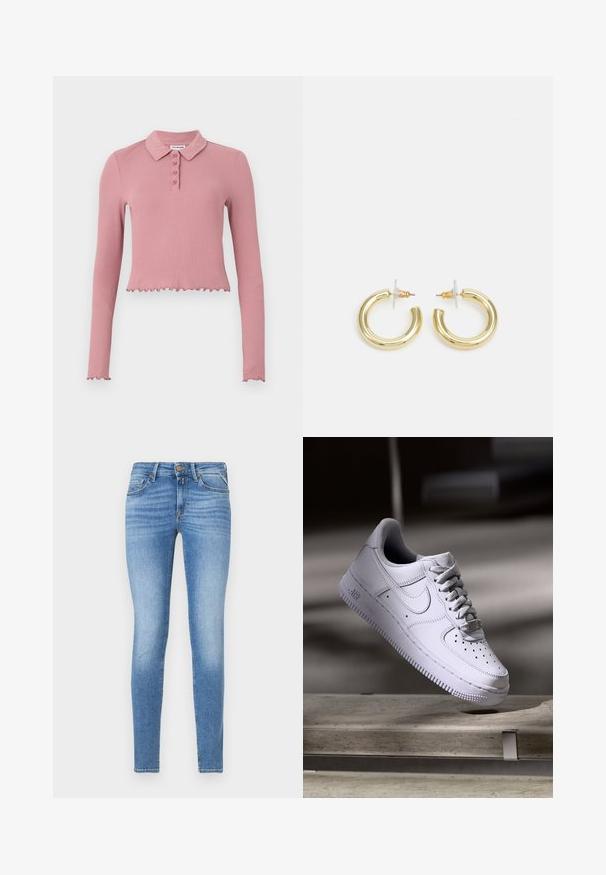 Ilgi piedurknēm, īsa polo krekla piegriezums, izgatavots no ribota, mīksta rozā auduma. Tam ir apkakle un poga pašķiršanās ar četrām pogām un ruffle apakšmalu.; Šauri gaismis zili džinsi ar vidēju jostas augstumu, priekšējo pogu un piecu kabatu dizainu.; Balts Nike Air Force 1 kurpes, kas levitē virs betona virsmas ar ēnām minimālistiskā vidē.; Zelta auskari ar gludu, spīdīgu apdari. Apaļš dizains, kas ietver mazu tapu un caurspīdīgu pamatni drošai valkāšanai.