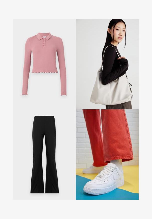 Ilgi piedurknēm, īsa polo krekla piegriezums, izgatavots no ribota, mīksta rozā auduma. Tam ir apkakle un poga pašķiršanās ar četrām pogām un ruffle apakšmalu.; Melni izplekti bikses, izgatavotas no elastīgas auduma, ar gludu tekstūru, pielāgotu piegriezumu un sadalītu apakšmalu dizainu.; Baltās ādas kedas ar perforētu purngalu, teksturētu zoli un baltām auklām, apvienotas ar platām sarkanām biksēm un zilu un dzeltenu fona.; Bežs rokassoma, izgatavota no mīksta materiāla, ar brīvu dizainu, izšūtu apdari un divām plecu siksnām. Piemērota ikdienas lietošanai.