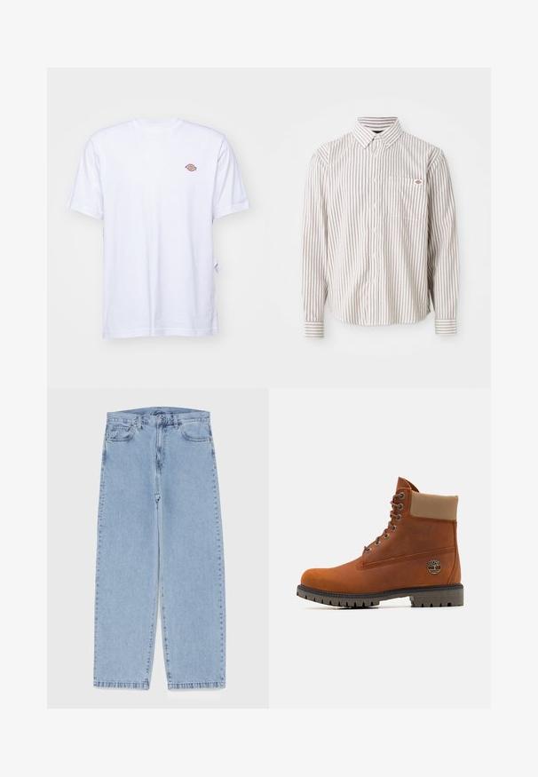 Weißes Baumwoll-T-Shirt mit V-Ausschnitt und kurzen Ärmeln. Besitzt ein kleines, buntes, gesticktes Logo auf der linken Brustseite. Weiches Material.; Langärmliges weißes Hemd mit dünnen vertikalen roten Streifen und einer Brusttasche, die ein kleines rotes und blaues Logo zeigt.; Hellblaue Jeans aus Denim mit geradem Bein, ausgestattet mit einer mittelhohen Taille, fünf Taschen sowie einem Knopf- und Reißverschluss.; Timberland Schnürstiefelette - medium orange