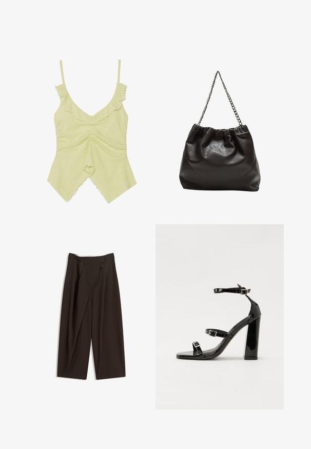 Svijetlozeleni bezrukavni top od mekog materijala, s nabranim rubovima, V-izrezom i nabranim detaljima u središtu.; Tamno smeđe široke hlače s visokim strukom, s jednim dugmadi na zakopčavanju i pregibom sprijeda. Izrađene od laganog materijala.; Crne lakirane sandale na pete sa kvadratnim nosom, trakama oko gležnja i srebrnim kopčama. Imaju čvrst blok petu za stabilnost.; Smeđa kožna torba s naboranim vrhom i lančićem za nošenje. Glatka tekstura s sjajnim završetkom i suptilnim šavnim detaljima sa strane.