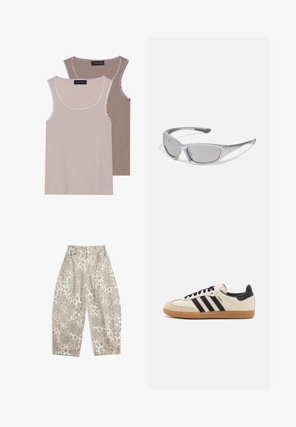 Două topuri fără mâneci în bej deschis și maron, cu o textură canelată, decolteu rotund și o bordură contrastantă pe guler și pe orificiile pentru brațe.; Pantaloni cu imprimeu leopard într-o nuanță deschisă de bej, cu un design cu talie înaltă, picioare largi și două buzunare frontale. Construiți dintr-un material neted.; Pantofii sport bej cu dungi negre, talpă din cauciuc caramel și accente negre. Prezintă un partea superioară din piele netedă și un design cu vârf rotunjit.; Ochelari de soare gri cu un cadru din plastic subțire și elegant. Prezintă lentile gri nuanțate și accente laterale texturate pentru o aderență suplimentară.; Geantă adidas neagră și argintie cu o textură netedă, având un model strălucitor cu știfturi și un design distinctiv, curbat.