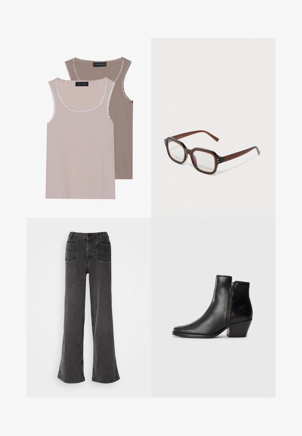 Du švarko marškiniai šviesiai smėline ir ruda spalvomis, su ribota tekstūra, apvaliu iškirpimu ir kontrastingomis juostelėmis aplink apykaklę ir rankovių angas.; Aukštai iškeltos, plačios juodos džinsinės kelnės, pagamintos iš džinsinio audinio, su mygtuko užsegimu, diržo kilpomis ir dviem galiniais kišeniais su siuvinėjimais.; Juodas odinis kulkšninis botas su smailiu pirštu, šoniniu užtrauktuku ir masyviu kulnu. Lygus paviršius ir minimalistiškas dizainas.; Rudos permatomus rectangularus akinius su skaidriais lęšiais, šiek tiek purpurinio atspindžio ir mažais auksiniais dekoratyviniais taškais prie priekinio kampo.