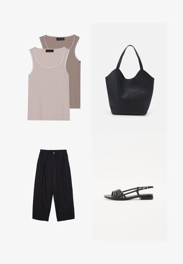 Dve majice na tanko v svetlo bež in rjavi barvi, z rebrastim teksturo, okroglim izrezom ter kontrastnim obrobjem ob ovratniku in odprtinah za roke.; Črne poliesterske culotte hlače z elastičnim pasom, dvema sprednjima nabiranjema in ohlapnim krojem. Brez vidnih vzorcev ali kovinskih detajlov.; Črne ravne sandale s trakastim dizajnom, ki vključuje več usnjenih trakov in ozko zaponko okoli gležnja. Podplat je raven in pravokoten.; Črna torba v obliki tote iz gladke usnjene površine, ki ima ukrivljen odprt vrh z dvema naramnicama in minimalističnim dizajnom.