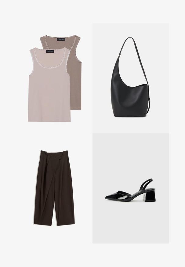 Twee tanktops in lichtbeige en bruin, met een geribbelde textuur, ronde halslijn en contrasterende afwerking langs de kraag en armsgaten.; Donkere bruin wijde broek met een hoge taille, voorzien van een enkele knoopsluiting en een geplooide voorkant. Gemaakt van lichtgewicht stof.; Zwarte gepatineerde leren slingback hakken met een spitse neus en een geometrische blokhak. Kenmerkt zich door een slank, minimalistisch ontwerp en een gladde textuur.; Zwarte leren hobo tas met een gladde textuur, kromme vorm en een enkele verstelbare schouderband; heeft een brede opening aan de bovenkant.
