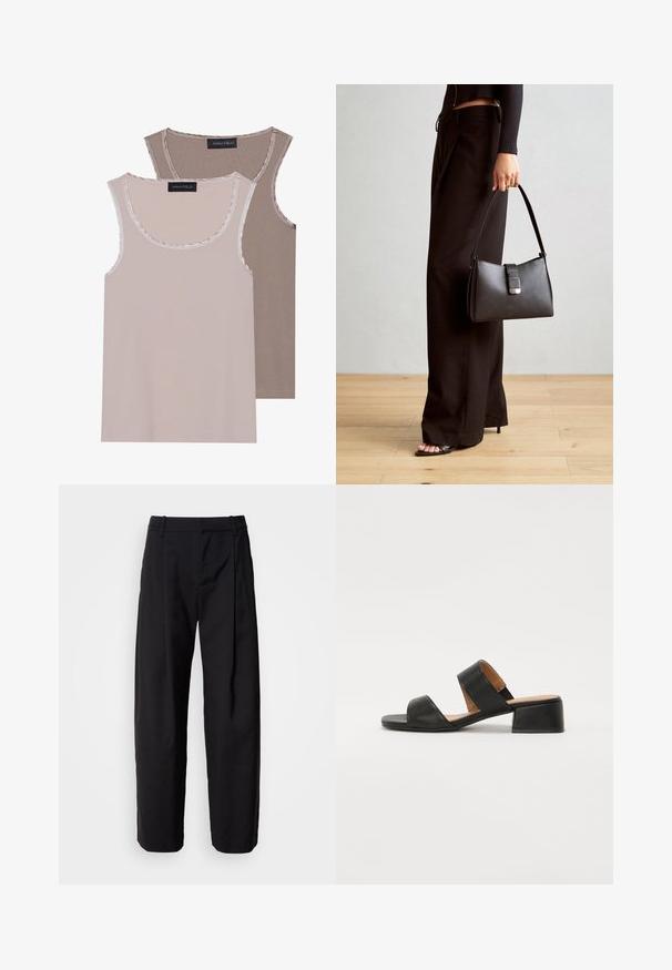 Two tank tops in light beige and brown, featuring a ribbed texture, round neckline, and contrasting trim along the collar and armholes.; Black trousers with a relaxed fit, pleated front, and belt loops. Smooth fabric and straight legs, featuring side pockets.; Black leather sandal with two wide straps across the foot, a square toe, and a low block heel. Smooth texture and minimal design.; Black handbag with structured shape, smooth texture, and a metallic clasp. Paired with wide black pants and open-toe sandals on wooden floor.
