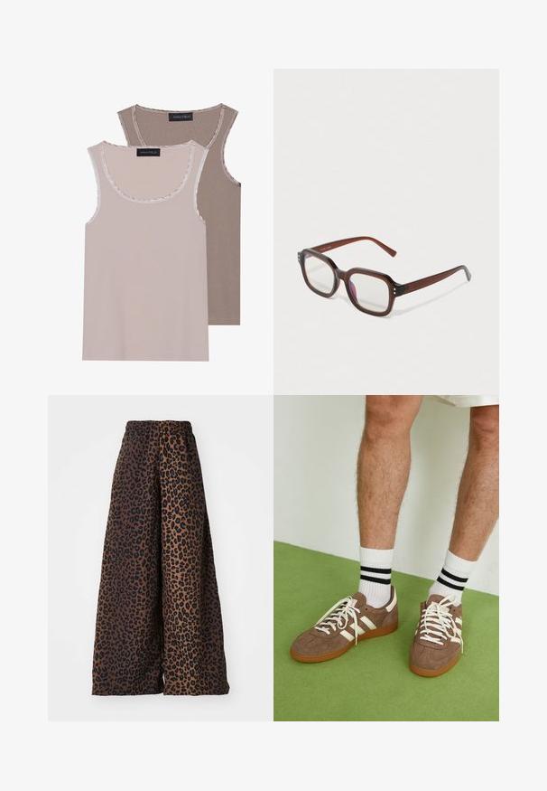 Dve majice na tanko v svetlo bež in rjavi barvi, z rebrastim teksturo, okroglim izrezom ter kontrastnim obrobjem ob ovratniku in odprtinah za roke.; Široke hlače iz gladkega materiala, z rjavim ozadjem in črnimi leopardskimi vzorci ter elastičnim pasom.; Rjavi semiš športni čevlji z belimi detajli in vezalkami. Gumijast podplat. Nošeni z belimi nogavicami z črnimi črtami. Zelena teksturirana talna obloga.; Rjavi prozorniki pravokotne oblike z jasnimi lečami, lahkim purpurnim odsevom in majhnimi zlatimi okrasnimi pikami na sprednjih vogalih.