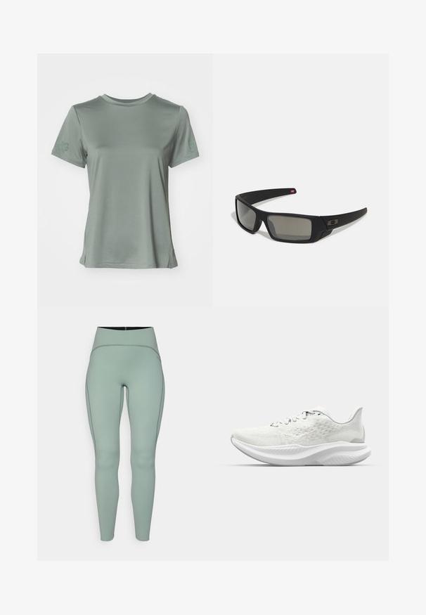 Šviesiai žalia trumpomis rankovėmis marškinėliai, pagaminti iš lygios medžiagos. Yra apvalus kaklas ir mažas logotipas kairėje rankovėje. Lygūs siūlai ir šoninės skyles.; Aukštos juosmens, mėtų žalios spalvos leggingai, pagaminti iš lygaus, tampraus audinio su kontrastingomis siūlėmis. Pasižymi elegantiška, figūrą apglėbiančia siluetu.; Baltos sportinės bateliai su tekstūruota viršutine dalimi, raišteliais sujungti ir su paminkštintu padu, turinčiu bangos formos profilį. Subtilus prekės ženklas šone.; Juodi akiniai saulės su matinio paviršiaus užbaigimu, stačiakampiai lęšiai, švelnus lenkimas ant šventyklų, subtilus logotipo detalizavimas ir dūminiai lęšiai.