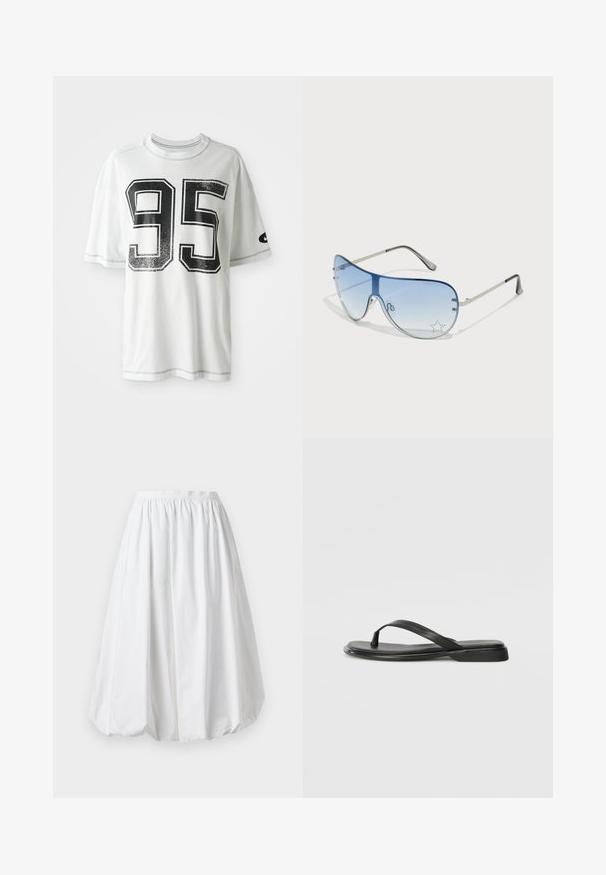 Bílý krátký rukáv tričko s velkým distressed černým číslem "95" na přední straně a malým černým logem swoosh na levém rukávu.; Bílá sukně do kolen s elastickým pasem a balónovým tvarem. Vyrobena z lehkého materiálu s hladkou strukturou.; Černé žabky vyrobené z hladké kůže, s tenkým designem popruhu a plochou podrážkou s minimálním profilem. Žádné výrazné vzory ani akcenty.; Pilotské sluneční brýle s modrými gradientními skly, stříbrným kovovým rámem a dekorativními hvězdnými akcenty na sklech. Hladký a elegantní design.