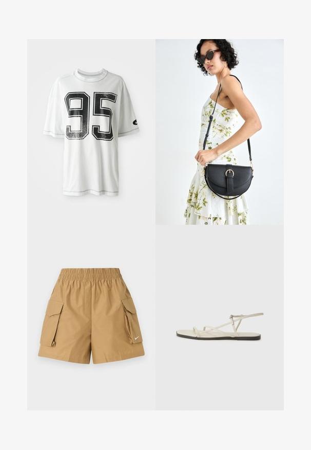 White short-sleeve T-shirt with large distressed black number "95" on front and a small black swoosh logo on left sleeve.; Tan cargo shorts with an elastic waistband, two side pockets, and a small white logo detail. Made of lightweight, textured fabric.; Beige flat sandal with multiple slender straps and an adjustable buckle. The sole is flat with a slight dark contrast at the edge.; Black leather handbag with a curved shape, detachable strap, and gold hardware. The bag features a flap with a buckle detail.