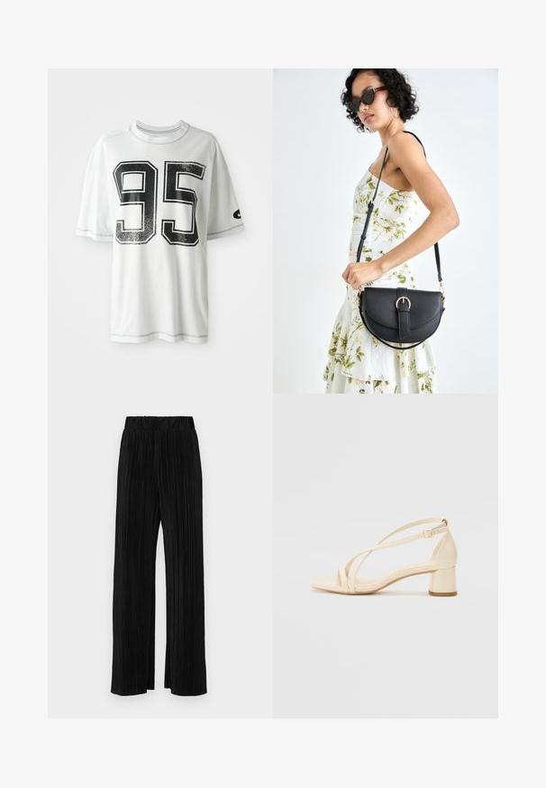 Camiseta blanca de manga corta con un gran número "95" desgastado en negro en el frente y un pequeño logo en forma de swoosh negro en la manga izquierda.; Pantalones negros de pliegues con una cintura elástica. Presentan piernas anchas y una tela suave y texturada con rayas verticales.; Sandalias de tacón beige con tacón bloque, diseño de tiras y correa ajustable en el tobillo, hechas de material sintético suave con un acabado mate.; Bolso de piel negra con forma curva, correa desmontable y herrajes dorados. El bolso cuenta con una solapa con un detalle de hebilla.