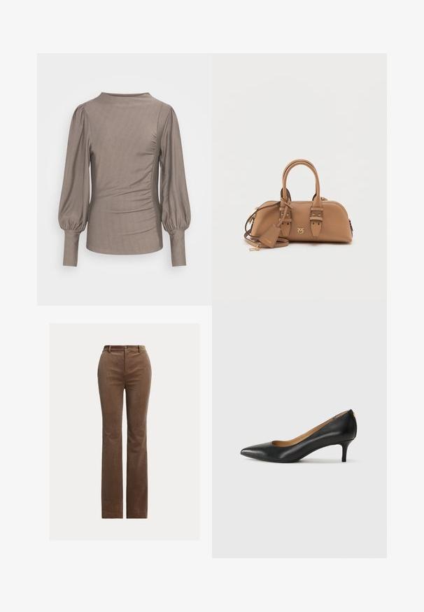 Pruun pikkade varrukatega topp, puff-särgedega, ümar kaelus, külgkurrud ja sile tekstuur. Kanga pind on veidi läikiv, mingeid nähtavaid mustreid või aktsente ei ole.; Pruunid korduvad püksid sirge jala disainiga, millel on vööaasad, ettepoole avatud taskud ja peen vertikaalne soonik tekstuuri jaoks.; Must musta musta, millel on terav nina, madal konts ja sile tekstuur. Omab pisut avatud osa ees ja minimaalset riistvara taga.; Kahvatoon nahast käekott ümmarguse kujuga, kuldsete metalldetailidega, kahe ülestõstetava käepidemega ja eemaldatava õlarihmaga. Omab logo detaile.