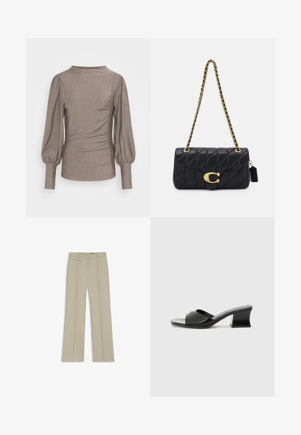 Bruine lange mouw top met opgezette mouwen, ronde hals, zijkant ruching en een gladde textuur. Het fabric heeft een lichte glans, zonder zichtbare patronen of accenten.; Beige op maat gemaakte broeken met wijde benen, voorplooien, twee horizontale zijzakken en een gladde, licht gestructureerde stof.; Zwarte hoge muiltjes met een glanzende afwerking, open teen en een brede band. De blokhak met een geometrische vorm biedt stabiliteit. Zilveren accentdetails.; Zwarte, gequiltte handtas met een gouden kettingband, uitgerust met een onderscheidende gouden sluiting en een klein label, die een gestructureerde leren oppervlakte toont.