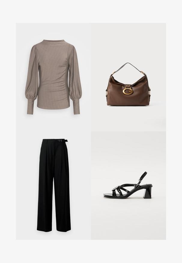 Pruun pikkade varrukatega topp, puff-särgedega, ümar kaelus, külgkurrud ja sile tekstuur. Kanga pind on veidi läikiv, mingeid nähtavaid mustreid või aktsente ei ole.; Mustad kõrge vöökohaga mustad laiad püksid, millel on ees voldid ja vöö, millel on pandla. Valmistatud siledast ja kergest kangast.; Must musta nahk sandaalid kõrgel kontsal, avatud varbaga, laiad rihmad, reguleeritav kinnituse ja geomeetriline plokknina.; Pruun naha kott tekstuuriga pinnaga, millel on kuldse tooni sulgur ja ühekordne, kaardus õlarihm.