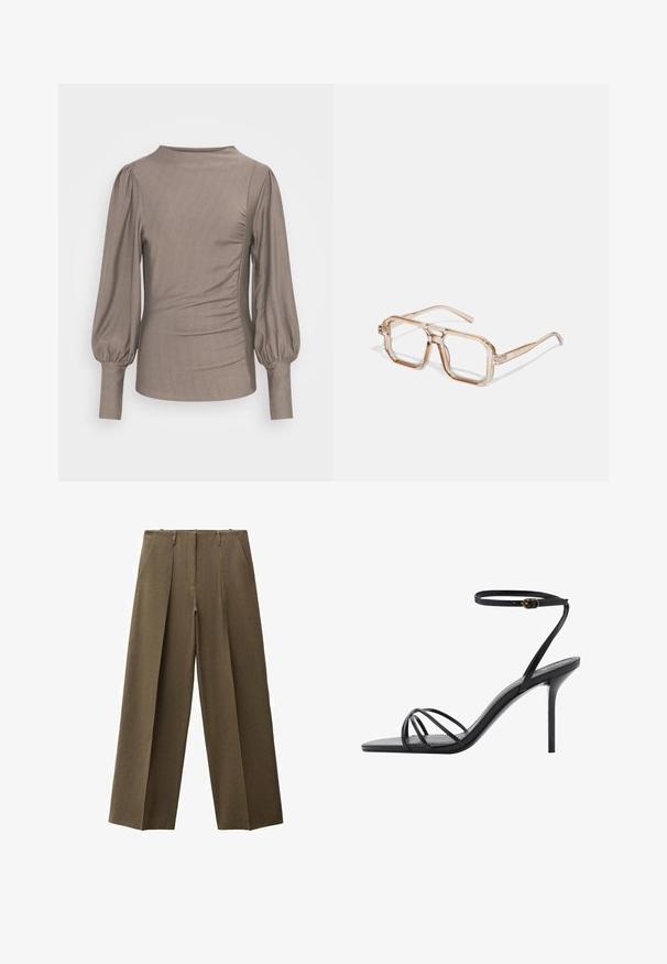 Brun langærmet top med puffede ærmer, rund halsudskæring, sidelæg og glat tekstur. Stof med let glans, ingen synlige mønstre eller detaljer.; Højtaljede, vide bukser i olivengrønt stof, der har to frontlommer og en plisseret design for ekstra tekstur.; Sorte høje sandaler med en tynd ankelrem, flere korslagte remme over foden og et elegant kvadratisk tådesign.; Gennemsigtige hexagonale briller med lysebrune nuancer; tykke, klare rammer og slanke stænger; ingen synlige logoer eller mønstre.; Sort læder håndtaske med en sammensamlet design, korte, rundede håndtag og en aftagelig skulderrem. Glat tekstur med en blød silhuet.