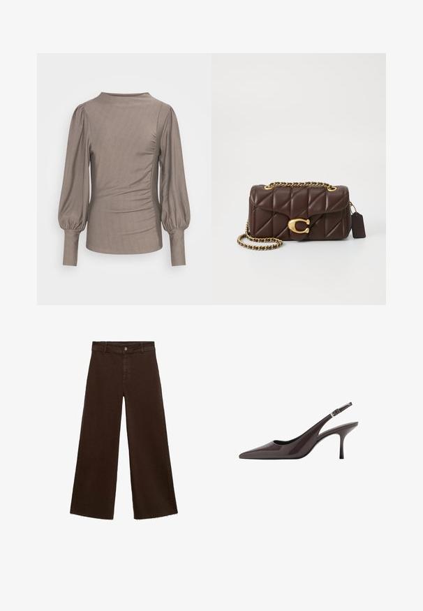 Hnedý top s dlhým rukávom, objemnými rukávmi, okrúhlym výstrihom, bočným riasením a hladkým povrchom. Tkanina má jemný lesk, bez viditeľných vzorov alebo akcentov.; Hnedé široké nohavice z bavlnenej zmesi, s roztrhnutým lemom, predným zapínaním na gombík a klasickým dizajnom s piatimi vreckami. Minimalistické a všestranné.; Sandalové topánky s špicatou špičkou v tmavo hnedých patentovaných kožách, vybavené štíhlym vysokým opätkom a nastaviteľným členkovým remienkom so sponou.; Prešívaná hnedá kožená kabelka so zlatým reťazovým popruhom, zlatými kovovými doplnkami a výrazným zapínaním. Má textúrovaný vzor.