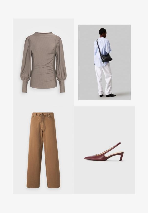Barna, hosszú ujjú felső, puffadt ujjakkal, kerek nyakkivágással, oldalsó ráncolással és sima textúrával. Az anyag enyhe fényt ad, nincs látható minta vagy díszítés.; Barna, bő szárú nadrág, pamutból készült, combrészes derékkal és két elülső zsebbel. Texturált anyag, sima felülettel.; Burgundy színű, hegyes orrú, oldalán kivágott részletekkel rendelkező slingback sarkú cipők, közepes magasságú tömbsarkúval. Sima bőrfelület.; Fekete bőr válltáska puha tapintással, háromszög alakú, állítható pánttal, világoskék csíkos inggel és fehér nadrággal párosítva.