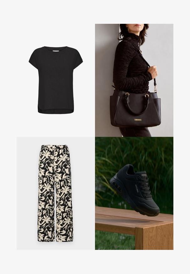 Black short-sleeve t-shirt made from soft fabric, featuring a round neckline, curved hemline, and slight side slits for ease of movement.; Black wide-leg pants with a cream floral pattern. Made of lightweight fabric, featuring a smooth texture and a high waistband.; Black sneaker with textured upper, padded collar, and laces. Features air cushioning, logo details, and a flexible rubber sole.; Black handbag with textured surface, dual top handles, and adjustable shoulder strap. Features gold-tone hardware and side pockets.
