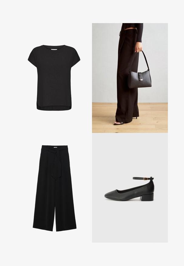 Sort kortærmet t-shirt lavet af blødt stof, med rund halsudskæring, buet sømkant og lette sideslids for bedre bevægelsesfrihed.; Sorte vide bukser i en tekstureret stofkvalitet, med elastisk talje og et aftageligt bånd i taljen for justerbar pasform.; Sorte læderpumper med spids tå og en lav blokhæl. Har en ankelrem med en guldfarvet spænde. Glat tekstur.; Sort håndtaske med struktureret form, glat overflade og metalspænde. Sammen med brede sorte bukser og sandaler med åben tå på trægulv.
