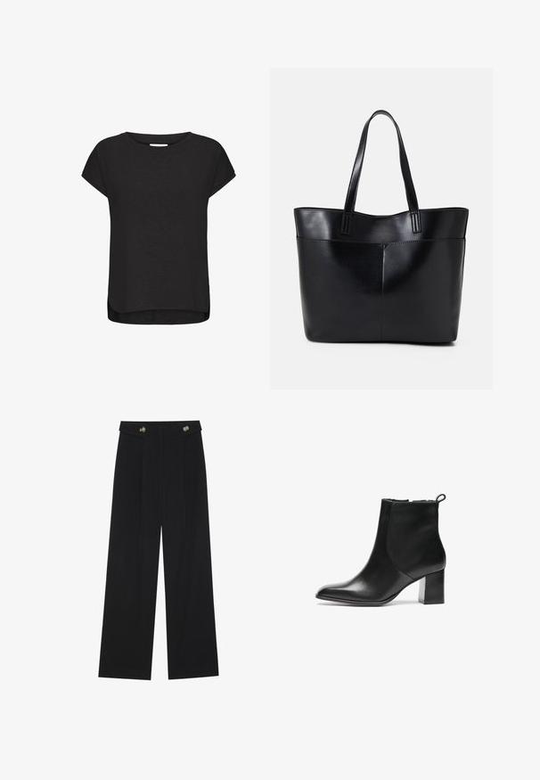 T-shirt nero a maniche corte realizzato in tessuto morbido, con scollatura rotonda, orlo arrotondato e leggeri spacchi laterali per facilitare i movimenti.; Pantaloni neri a gamba larga con vita alta, dettagli con bottoni in vita e pieghe frontali.; Stivale alla caviglia in pelle nera con punta arrotondata, tacco largo di media altezza e linguetta sul retro. Texture liscia, design minimale.; Borsa a tracolla in pelle nera con due manici lunghi, una texture liscia e una forma strutturata. Presenta una tasca frontale per ulteriore spazio di archiviazione.
