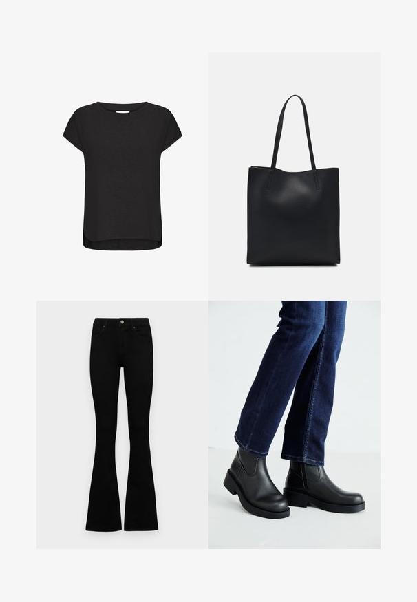 Zwarte korte mouwen t-shirt van zacht materiaal, met een ronde halslijn, een gebogen zoom en lichte zijsplitten voor extra bewegingsgemak.; Zwarte hoge taille jeans met een knoop- en ritssluiting, voorzakken en een flared pijp, plat gelegd op een witte achtergrond.; Zwarte leren enkelboots met een dikke zool en zij-elastische panelen, gecombineerd met donkerblauwe jeans. De grond is lichtgekleurd.; Zwarte leren handtas met een gladde textuur, rechthoekige vorm en twee lange handvaten. Geen zichtbare hardware of versieringen.