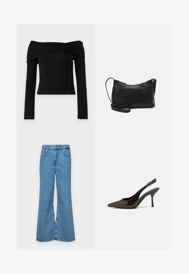 Melna blūze bez plecu daļas ar garām piedurknēm, kurai ir saišu detaļa pie apkakles un pieguļoša silueta. Gluda, elastīga auduma.; Gaiši zili, platā piegriezuma džinsi, kas izgatavoti no denima, ar augstu jostasvietu, piecām kabatām un vienu pogu. Mīksta tekstūra ar nolietotu apdari.; Slingback augstpapēžu kurpe ar spīdīgu tumši brūnu lakotu ādu, ar norādītu purngalu, atvērtām pusēm un regulējamu potītes siksniņu.; Melna ādas plecu soma ar gludu tekstūru, izliekta forma, regulējama siksna un rāvējslēdzēja aizdare. Minimālistisks dizains bez rotājumiem.