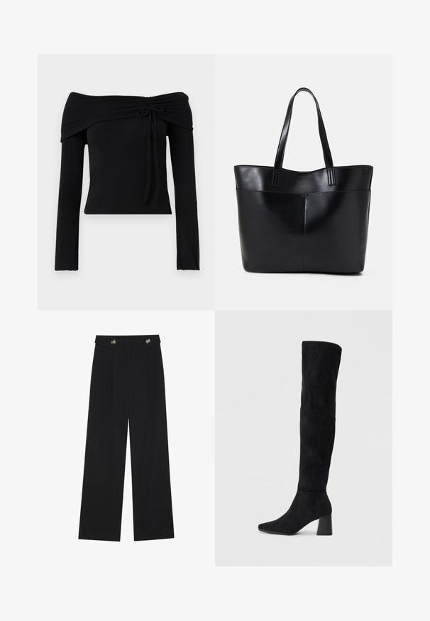 Top preto com decote à mostra, de mangas longas, apresentando um detalhe de laço no pescoço e uma silhueta ajustada. Tecido liso e elástico.; Calças largas pretas com cintura alta, detalhes em botão na cintura e pregas frontais.; Bota de camurça preta até ao joelho com salto bloco, bico fino e design suave e sem costuras sobre um fundo claro.; Bolsa tote preta em couro com duas alças longas, textura suave e forma estruturada. Apresenta um bolso frontal para armazenamento adicional.