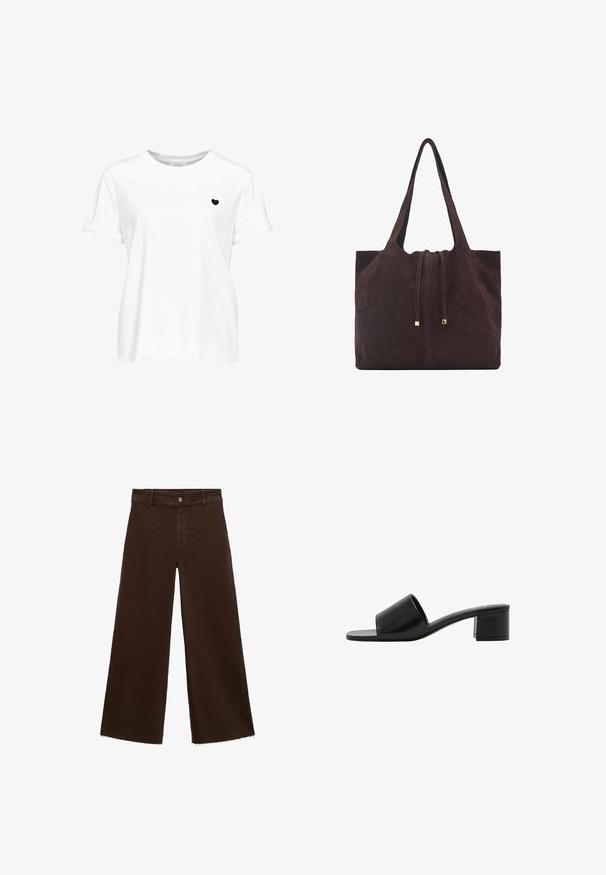 T-shirt bianco in cotone con maniche corte arrotolate, con un piccolo design di cuore nero sul lato sinistro del petto. Collo rotondo classico.; Pantaloni larghi marroni in misto cotone, caratterizzati da orlo sfrangiato, chiusura frontale con bottone e classico design a cinque tasche. Minimalisti e versatili.; Sandal in pelle nera open-toe con una fascia ampia e un tacco a blocco solido. Caratterizzato da una texture liscia e un design minimale.; Mango Shopping bag - dark brown