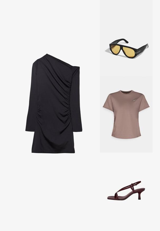 Ruskea urheilupaita, jossa on pyöreä kaula-aukko, lyhyet hihat ja huomaamattomat sivureikähdet. Rinnassa on pieni heijastava Nike-logo.; Musta mekko, jossa on yhdellä olkapäällä oleva muotoilu, pitkä hihat ja kerätty tekstuuri sivussa. Valmistettu pehmeästä ja venyvästä kankaasta.; Burgundy korkokenkin, jossa on neliönmuotoinen kärki, hoikat remmit ja nilkkasolki. Liukas nahkapinta ja hoikka, block-korko.; Mustat aurinkolasit, joissa on geometrinen kehys, keltaiset linssit ja kultaiset yksityiskohdat ohjaimissa. Liukas rakenne, leveä muoto, nykyaikainen muotoilu.; Kultaisten korvakorujen orgaaninen, pavun muotoinen muotoilu ja sileä, heijastava pinta; sisältää minimalistisen suunnittelun ilman näkyvää mekanismia.