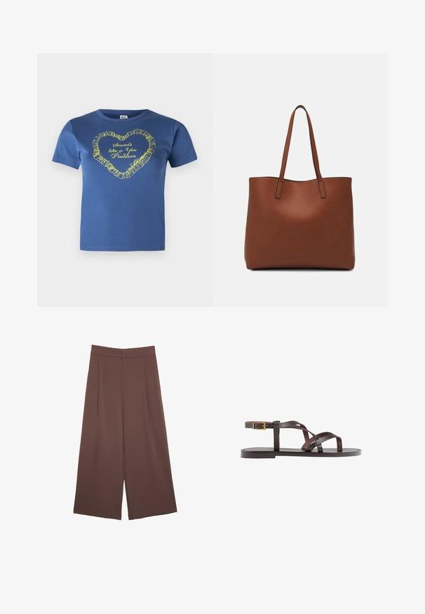 Modra bombažna majica s kratkimi rokavi in okroglim izrezom, na kateri je rumen srčni grafični tisk. Znotraj srca je napis "Zveni kot tvoj problem".; Rjave široke hlače z gladko teksturo, ki imajo visok pas in sprednje naborke. Tkanina je lahka in prosto pada.; Rjav usnjen sandal z načinom prečnega črta, zaklepom okoli gležnja in ravnim podplatom z minimalnimi šivi.; Rjava usnjena torba z gladko teksturo, odprto zasnovo zgoraj in dvema naramnima trakovoma. Opremljena je z minimalnim šivanjem in brez vidnih kovinskih delov.