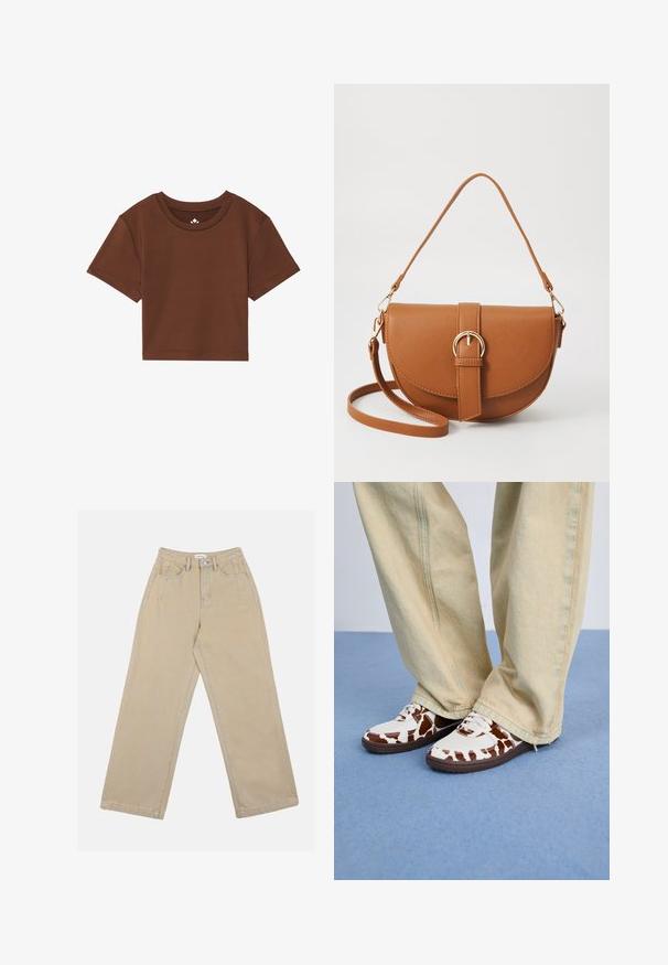 Pruun lühikeste varrukatega lühike T-särk, mis on valmistatud pehmest kangast, omab ümmargust kaelust ja puhtaid õmblusi ilma mustrite või aktsentideta.; Bežid laiad püksid, mis on valmistatud denimist, kõrge vöökoha, ees olevate taskute ja kontrastsete õmblustega. Kujunduses on ka nupplukke.; Valge ja pruun mustriga tossud, millel on võrk ja nahk, pruuni kummitaldaga. Kombineeritud heledate beežide laia säärega pükstega.; Pruun nahast õlakott, millel on kumer kuju, kullavärvi riistvara ja pandlaga kaunistus. Omab eemaldatavat õlarihma.