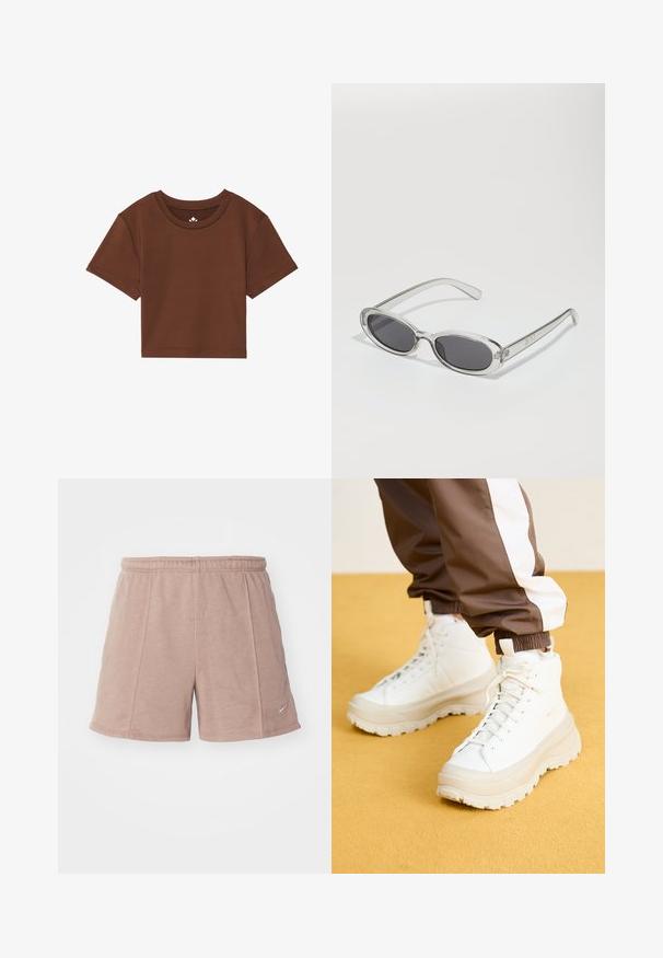 Bruine korte mouw cropped T-shirt van zacht materiaal, met een ronde halslijn en nette stiksels zonder patronen of accenten.; Lichtroze sportieve shorts gemaakt van zachte stof met een elastische tailleband. Bevat zijnaad en een klein logo aan de onderzijde rechts.; Witte hoge sneakers met een chunky, gestructureerde zool, voorzien van een gladde bovenkant, ronde neus en tonale veters, tegen een gele achtergrond.; Zonnebril met een ovale vorm, helder plastic montuur, donkergrijze glazen en dunne transparante pootjes met logo-accenten en minimale details.